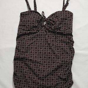 Motherhood Maternity Swim Top Sz S Tankini Ruched Brown Circles Geometric Padded